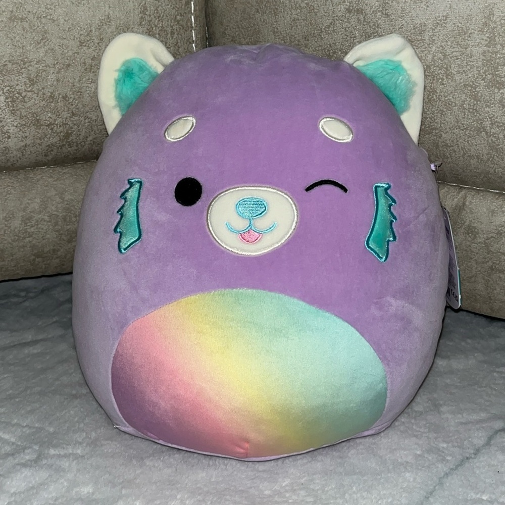 ON HOLD 🐼 Squishmallows Lexis Purple Red Panda 12” NWT with Pastel Rainbow tail!